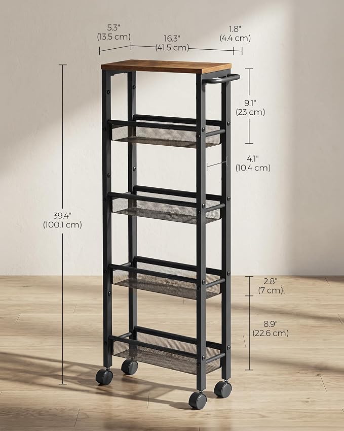 SONGMICS HOME Slim Rolling Cart, 5-Tier Storage Cart with Wheels and Handle, Narrow Utility Cart for Kitchen, Living Room, Brown and Black - Image 6