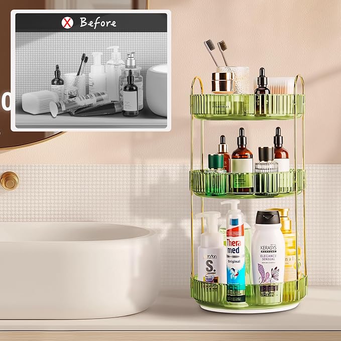 360 Rotating Makeup Organizer - Large Capacity Spinning Perfume & Cosmetic Skincare Holder for Vanity & Countertop (Gem Green, 3 Tier) - Image 2
