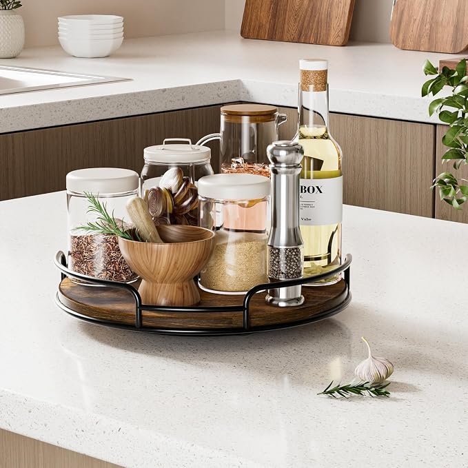 WOWBOX 9" Wood Lazy Susan Turntable Organizer for Cabinet, Pantry & Counter | Smooth 360° Rotation, Space-Saving Wooden Organizer for Spice Jars, Kitchen, Bathroom, Vanity & Tabletop - Image 3