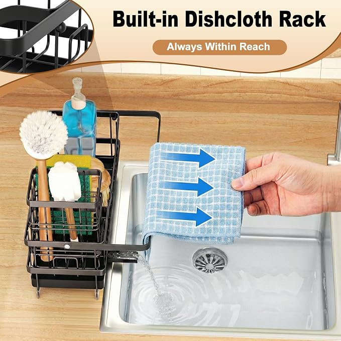 Sponge Holder for Kitchen Sink, Self-draining Sink Organizer with Towel Rack and Brush Holder, Metal Kitchen Sink Organizer for Countertop, Black - Image 4