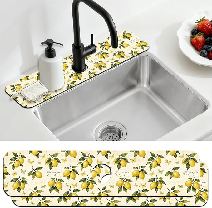 2 Pcs Kitchen Sink Splash Guard Faucet Mat Vintage Lemon Faucet Mat for Sinks Butterfly Absorbing Drying Mats for Kitchen Bathroom, 23.6x5.5inch by CONCHLERY%E6%97%97%E8%88%B0%E5%BA%97