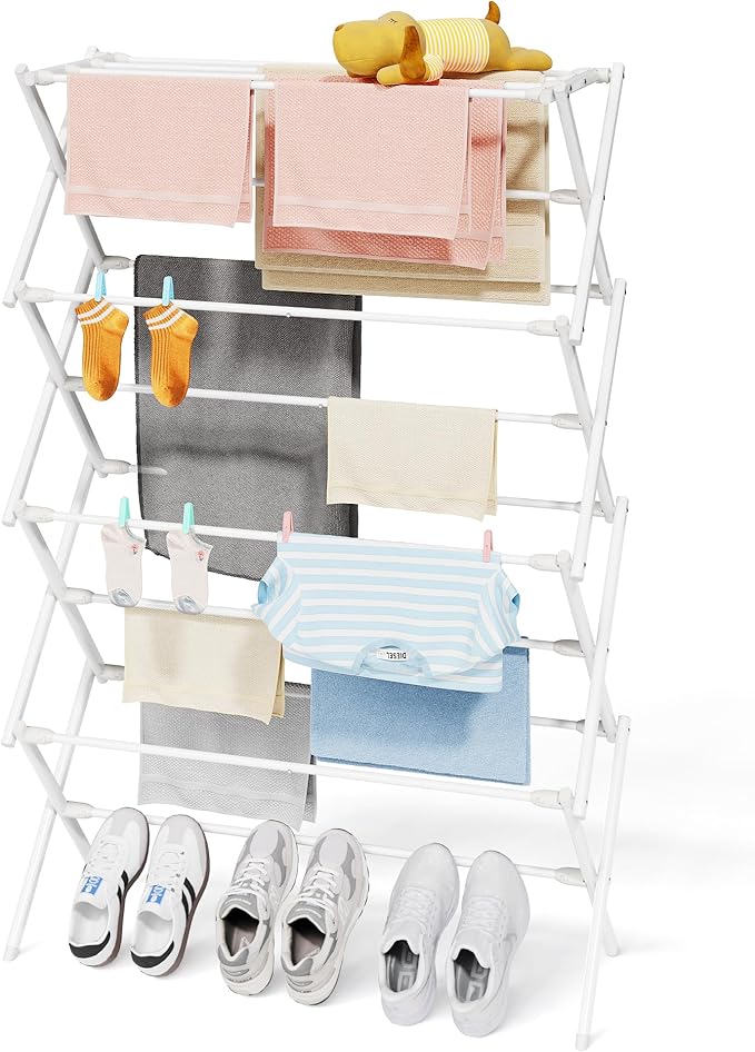 Sakugi Foldable 4-Tier Clothes Drying Rack 50.0" H with Non-Slip Feet | Indoor & Outdoor Use, Space Saving, Metal Frame, 11.4" D x 29.1" W, White by Sakugi