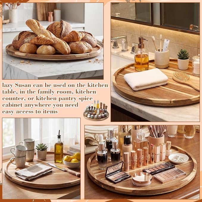 24'' Wood Lazy Susan for Countertop Acacia Large Turntable Rotating Serving Tray for Table Top Non Skid Kitchen Tray Revolving Condiment Spice Rack Table Organization Storage, Natural - Image 7