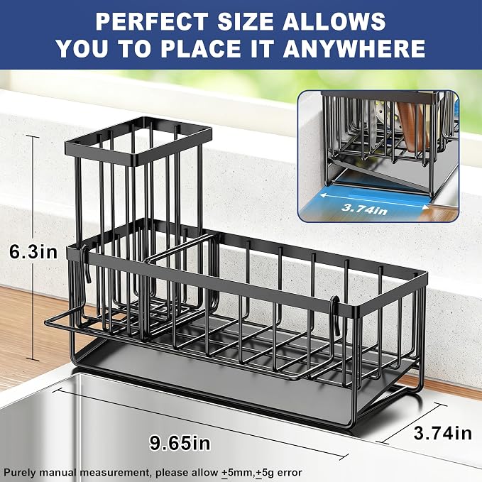Sponge Holder for Kitchen Sink, Kitchen Sink Caddy, Kitchen Sink Sponge Holder, Dish Sponge Holder, Kitchen Sink Organizer for Sponge, Dish Brush, Scrubber(9.65" x 3.74" x 6.3", Black) - Image 2
