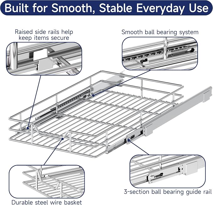 Pull Out Cabinet Organizer, 15.5" W x 21.5" D, Heavy Duty Chrome Slide Out Shelf for Base Cabinets, Sliding Wire Basket Drawer for Pantry Items, Bowls, Containers & Cleaning Supplies - Image 5