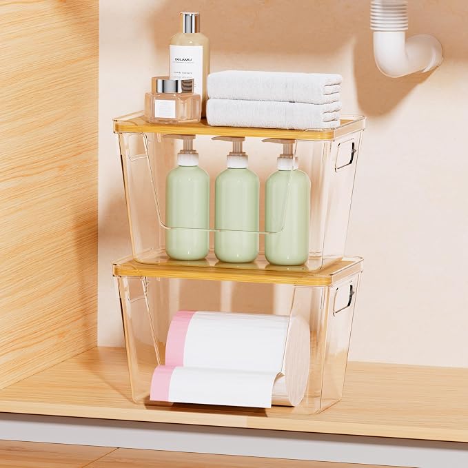 Delamu 2 Pack Trash Bag Dispenser, Stackable Garbage Bag Holder | Clear Acrylic Organizer Bins for Under Sink Organization, Pantry Storage, Cabinet, Kitchen, Laundry, Bathroom - Image 3
