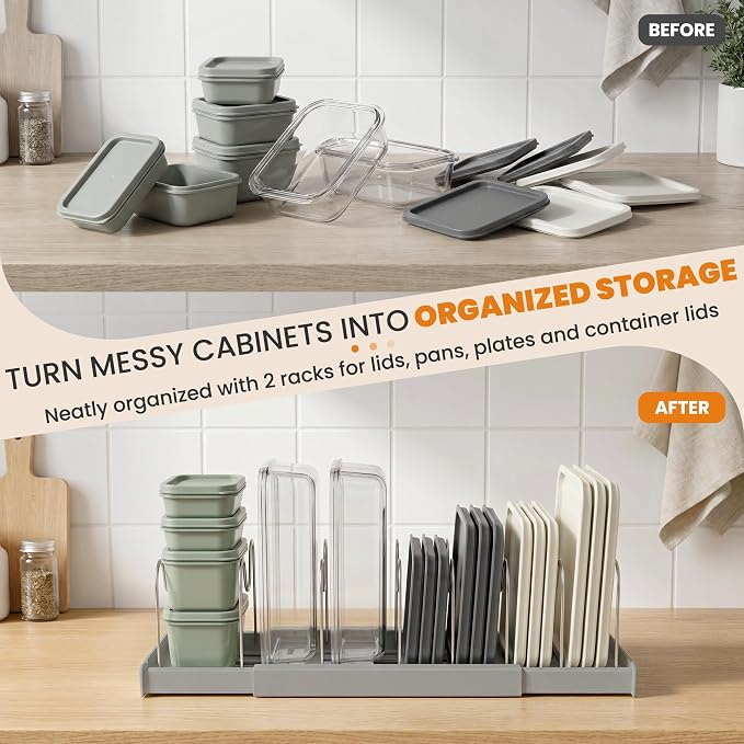 2 Pack Expandable Pot Lid Organizers with 10 Adjustable Dividers | 12.6-22.4 Inch Pots and Pans Organizer Rack Under Cabinet, Countertop, Pan Lids, Bakeware, Food Container Lids, Grey - Image 7