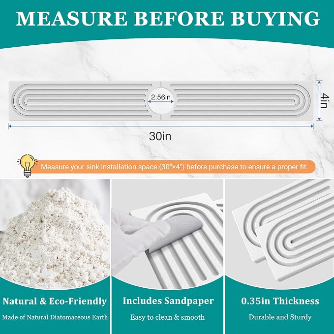 Stone Faucet Mat for Kitchen Sink - Quick Dry Diatomite Sink Splash Guard, Prevents Moisture Buildup & Water Stains, Water Absorbing Stone Tray for Bathroom Countertop (White, 30" x 4") - Image 3