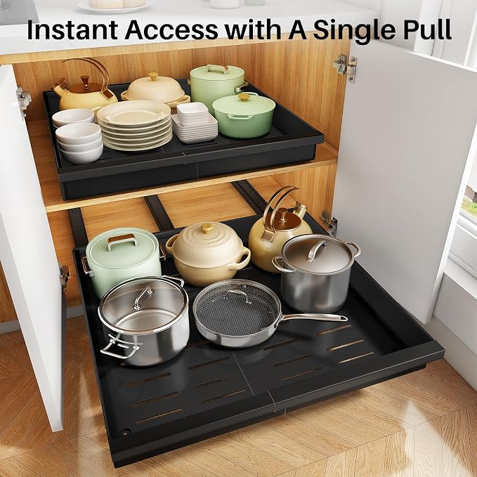 Pull out Cabinet Organizer, 4-Pack Expandable(13.6"-24") Silde out Drawers with Raising Pad for Framed Cabinets, Adjustable Full-Extension Roll out Shelves for Kitchen Pantry Home Pot and Pan(Black) - Image 6