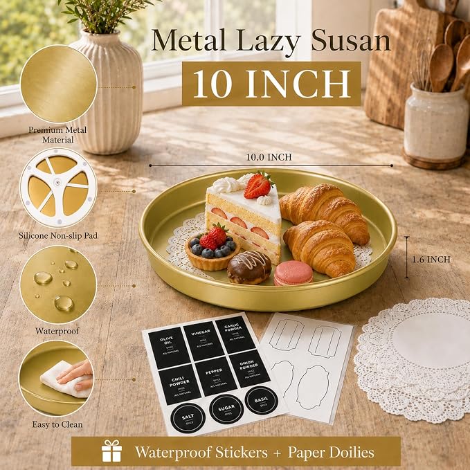 Amolliar 10" Metal Lazy Susan Organizer, Gold 2 Pack, Spice Turntable Tray | Metal 360 Rotating Turntable Organizer For Kitchen, Fridge, Pantry Cabinet Counter, Condiment Rack, Table Decor, Gold 2 Pack - Image 3