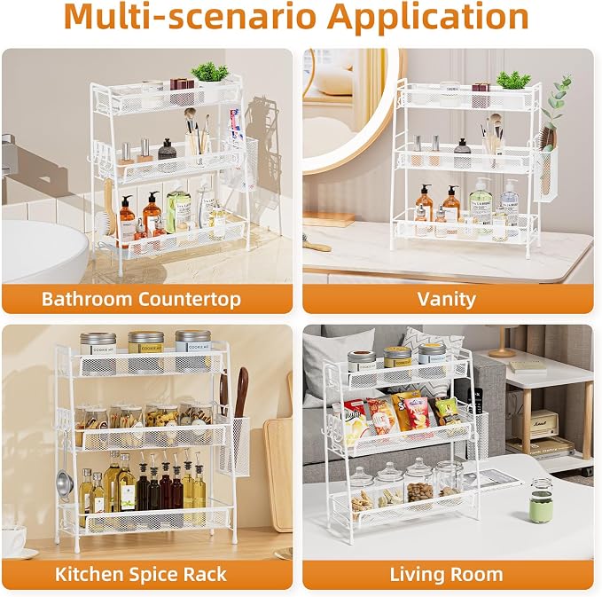 VITVITI 3 Tier Bathroom Organizer Countertop, Counter Storage Shelf, White | Metal Wire Mesh Bathroom Counter Organizer with Basket Hooks, Vanity Tray, Kitchen Spice Rack - Image 4