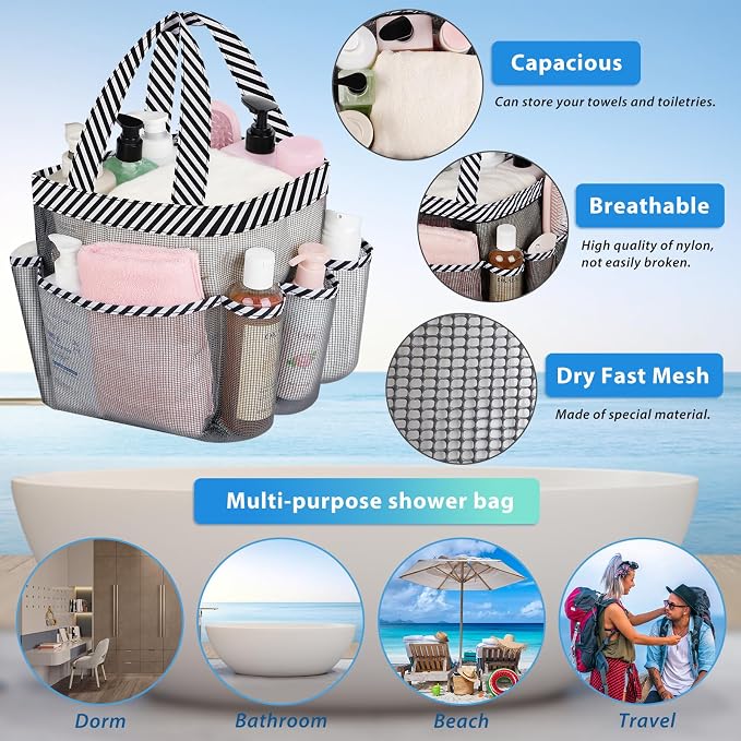 Mesh Shower Caddy Portable - 9 Pockets for College Dorm Room Essential | Large Capacity Mesh Shower Caddy with 9 Pockets, Portable Hanging Toiletry Bag for College Dorm, Gym, Camping and Beach - Image 2