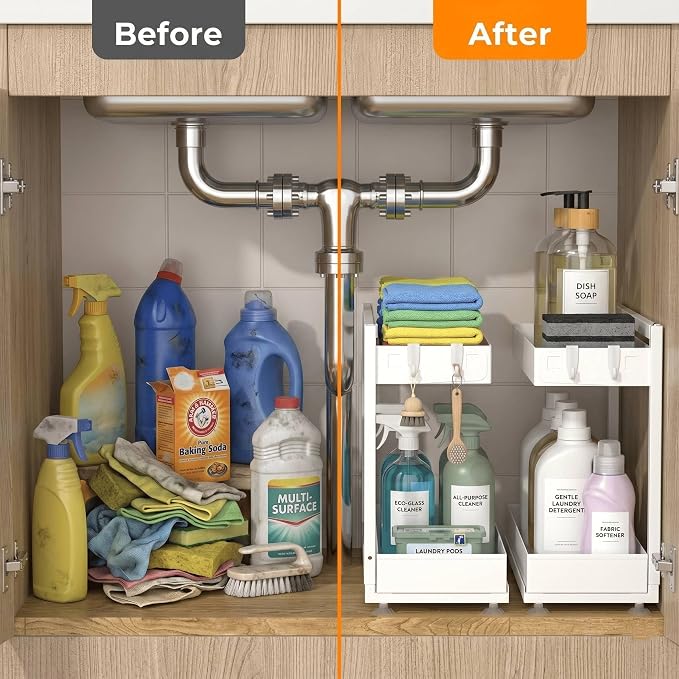 TATAANTY Under Sink Organizer, L-Shaped Metal 2-Tier Double Pull-Out Drawer for Kitchen & Bathroom Cabinets, Adjustable Height Storage - 50lbs Heavy Duty Waterproof 2PCS Height Adjustable - Image 7