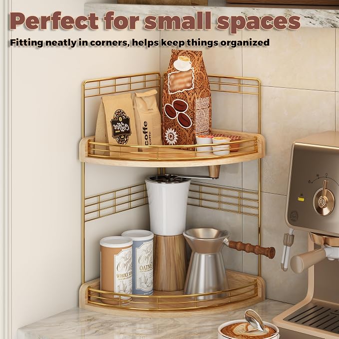 Bathroom Countertop Corner Organizer for Small Spaces, 2-Tier Counter Shelf | Oak Wood & Iron Counter Shelf for Sink & Vanity Corners, Skincare, Toiletries, Space-Saving, Compact Vertical Storage Natural - Image 7