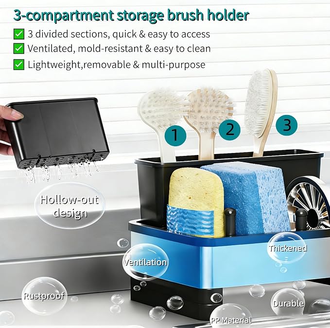 Stainless Steel Sink Caddy Sponge Holder for Kitchen Sink 9.8″ | with Auto-Drain, with Removable Brush Holder & Towel Rack, Rustproof Sink Organizer for Countertop, Kitchen Accessories - Image 5