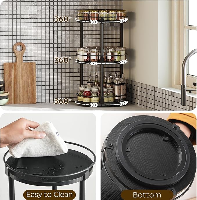 3-Tier Lazy Susan Organizer, Rotating Spice Rack, Spinning Organizer, Industrial Turntable Spice Rack Organizer for Cabinet, Kitchen Countertop, Pantry, Black SR23BK - Image 4
