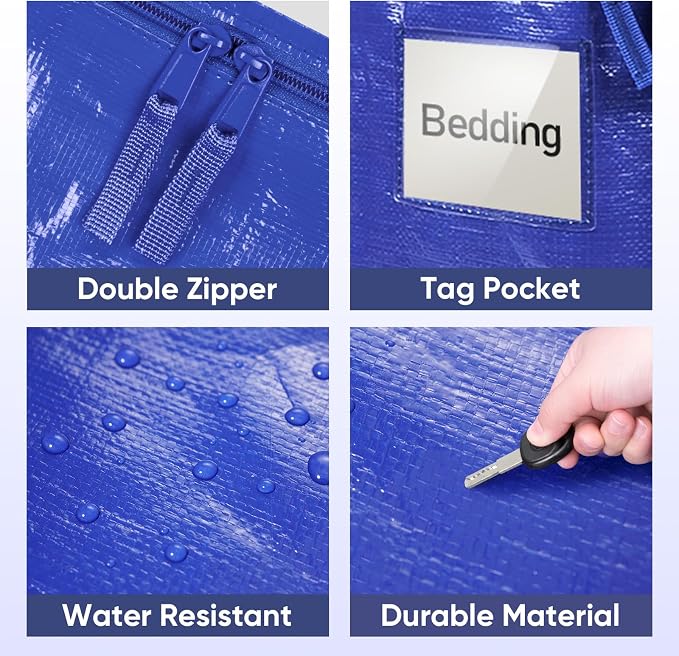 TICONN 12 Pack Extra Large Moving Bags Heavy Duty with Zippers & Carrying Handles, Durable Storage Bags Moving Boxes for Closet Organizers and Storage (12 Pack, Blue) - Image 8