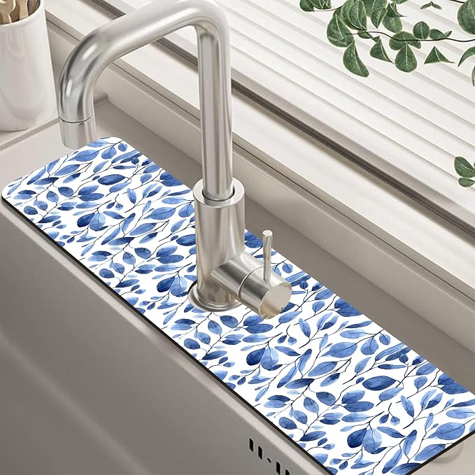 Watercolor Blue Leaves Sink Faucet Absorbing Mat Sink Splash Guard Faucet Mat Draining Mat Fast Drying Sink Protectors for Kitchen and Bathroom 5.5"×24" by Unknown