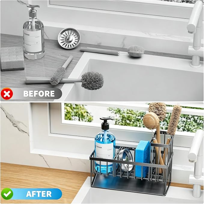 Cisily Sink Caddy Sponge Holder for Kitchen with Brush Holder and Stainless Steel Self Drain Tray, Rustproof Kitchen Sink Organizer for Sponge, Soap Dispenser Storage Accessories - Image 6