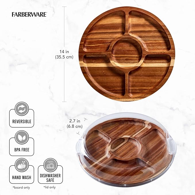 FARBERWARE Build-a-Board Cutting Board with Lazy Susan Turntable, Five Compartments, and Clear Locking Lid for Charcuterie, Snacks, and More, Acacia - Image 9