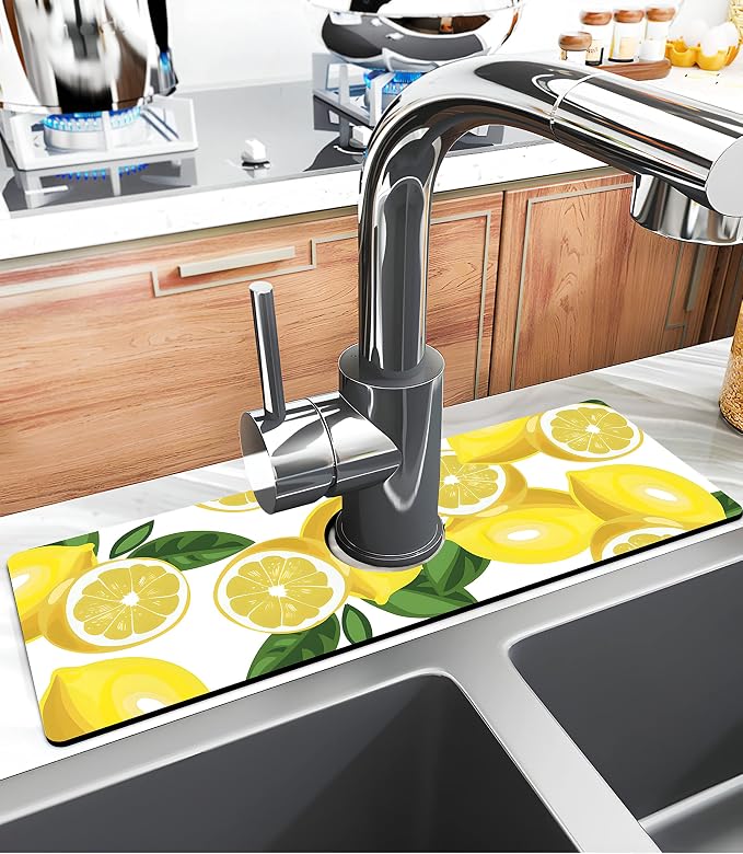 Kitchen Sink Splash Guard Faucet Mat Super Absorbent Fast Drying Mat Sink Gadgets Splash Guard Behind Faucet Drip Catcher for Kitchen (Lemon-1, 15x5.5in) - Image 2