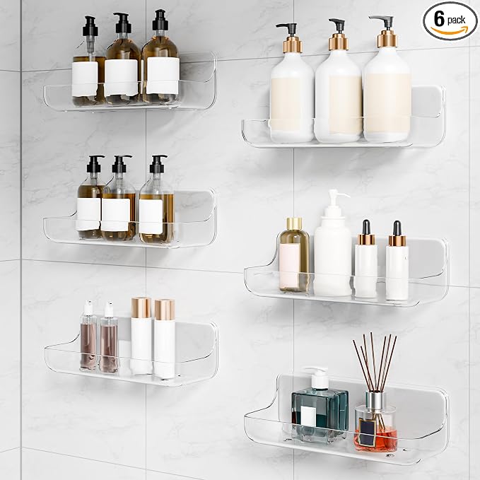 Adhesive Bathroom Shelves, 6 Pack Acryilc No Drill Stick on Shelf by Kawfle