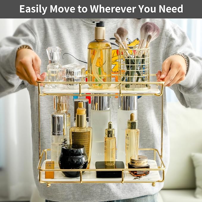 Bathroom Organizer Countertop Perfume Organizer Makeup Organizer Cosmetics Storage Display Rack Vanity Tray Dresser Stainless Steel Gold Shelf White Marble Ceramic Tray - Image 3