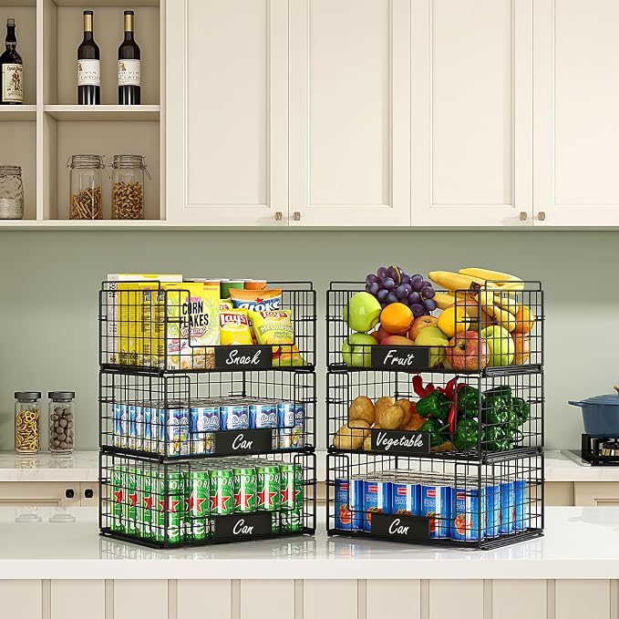 3 Pack XXL Stackable Wire Baskets with Handles & Name Plates | Pantry Organizers and Storage, Snack Organizer & Vegetable Basket & Metal Pantry Bin, Large Capacity, Durable and Sturdy - Image 6