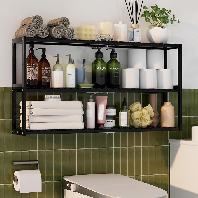 Extra Long Bathroom Organizer Storage Shelves 100% Bamboo Adjustable Height Over The Toilet Storage Floating Shelf for Wall Shower Shelf Can Placed in The Bathroom Kitchen Living Room for Multi Usage by PPN