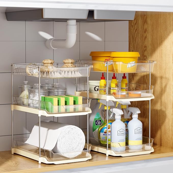 Delamu 2 Pack 3-Tier Bathroom Under Sink Organizers and Storage, Multi-Purpose Stackable Pantry Organization and Storage, Pull Out Clear Kitchen Bathroom Cabinet Organizer with Movable Dividers, Beige - Image 7