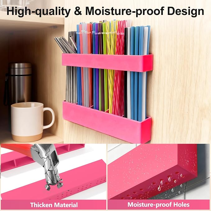 9.5” Large Acrylic Straw Holder for Cabinet Door, Adjustable Two-Part | Reusable Straws Organizer with Ultra Sticky Adhesive Strips, 2026 Straw Storage for Kitchen Cupboard (Hot Pink) - Image 5