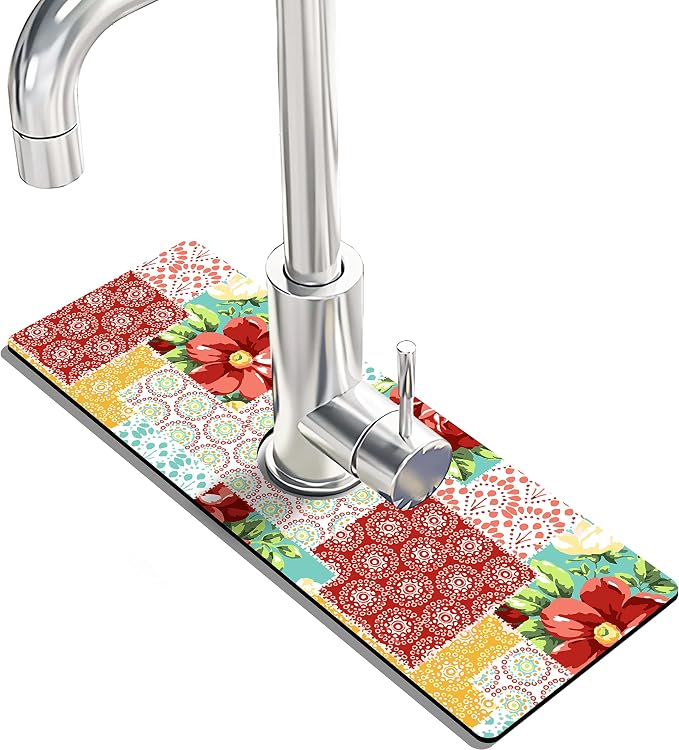 Kitchen Sink Splash Guard Faucet Mat Super Absorbent Fast Drying Mat Sink Gadgets Splash Guard Behind Faucet Drip Catcher for Kitchen (Boho Trellis, 15x5.5in) by THIDEAPE
