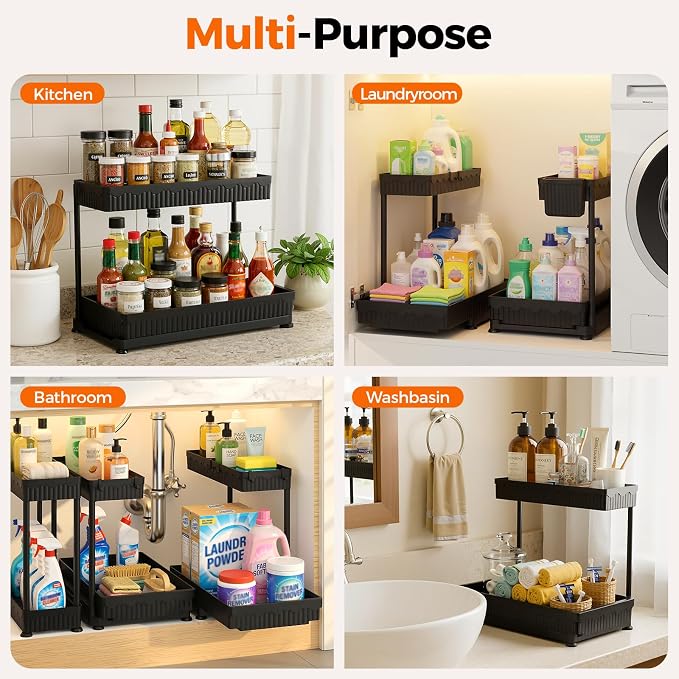 3-Pack 2-Tier L-Shaped Under Sink Organizers with Sliding Drawers | Multi-use kitchen & bathroom storage, 12.85 inch black cabinet organizer, space-saving sliding drawer design. - Image 9
