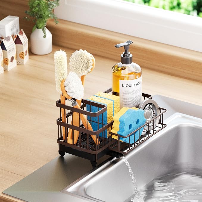 Consumest Sponge Holder for Kitchen Sink - Auto Draining Sink Caddy Organizer with Detachable Rack, High Brush Holder, Kitchen Countertop Storage Accessories, Bronze - Image 8