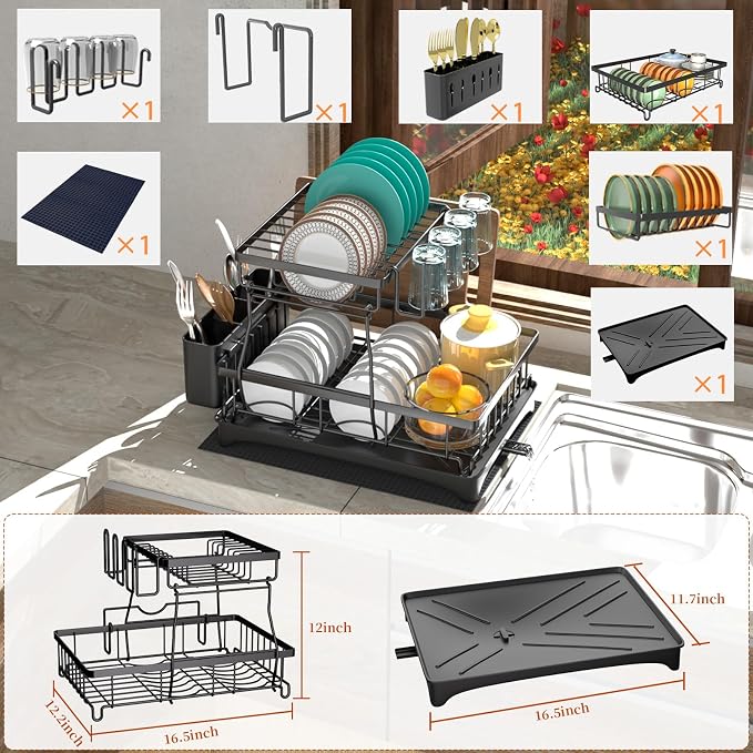 2-Tier Dish Drying Rack - Dish Rack with Auto Drain-to-Sink & Mat | Dish Racks for Kitchen Counter, Dish Drainer with Knife Fork & Cup Rack, Gifts for Women, Mothers Day, Kitchen Gadgets, Black - Image 4