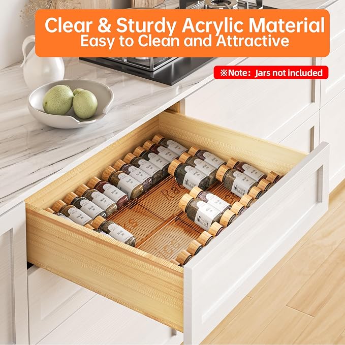 Spice Drawer Organizer, 4 Tier- 4 Pack Amber Acrylic Drawer Seasoning Organizer, Expandable From 11'' to 22'' Kitchen Spice Rack Organizers and Storage for Drawer (Jars not included) - Image 3