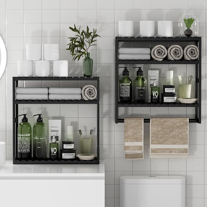 PPN Towel Rack Bathroom Storage Shelves Over The Toilet with Towel Bar 100% Bamboo Adjustable Height Floating Shelf Wall Shower Shelf for Small Space Bathroom Kitchen Multi Usage (Black-1Pack) - Image 8
