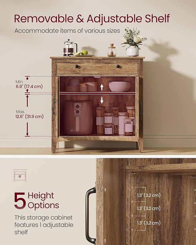 VASAGLE LIRY Collection - Buffet Cabinet, Coffee Bar Cabinet with a Drawer, Adjustable Shelf, Sideboard Storage with Cable Hole, Drawer Divider, Honey Brown UBBK341K01 - Image 4