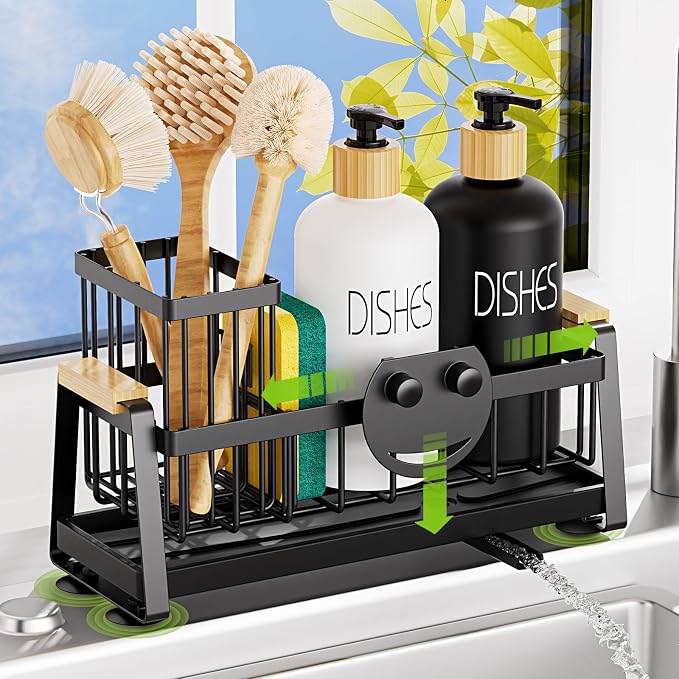 Sponge Holder for Kitchen Sink, Sink Caddy Organizer with Dish Brush Holder, Sink Organizer Rack with Suction Cups, Smiley Face Sponge Caddy Self Drain for Soap Dispenser Storage Accessories by AUMOVAWA