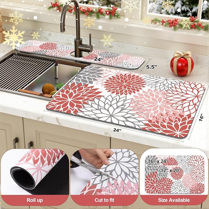 Findosom 2PCS 16" x 24" Christmas Dish Drying Mat & 24" x 5.5" Sink Splash Guard, Super Absorbent & Cuttable Dish Mat Drying Kitchen Mat with Red Floral, Hide Stain Drying Mat for Kitchen Counter - Image 2