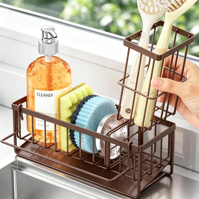 Sponge Holder for Kitchen Sink, Kitchen Sink Caddy, Kitchen Sink Sponge Holder, Dish Sponge Holder, Kitchen Sink Organizer for Sponge, Dish Brush, Scrubber(9.65" x 3.74" x 6.3", Brown) - Image 7