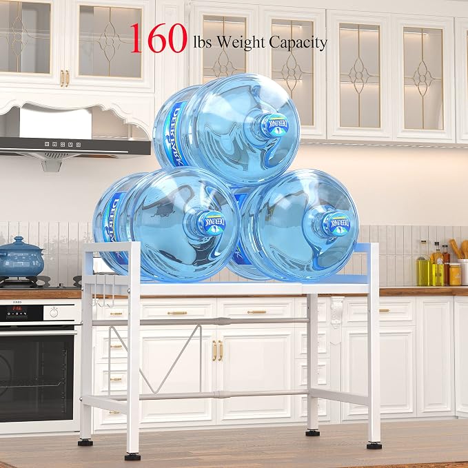 PUSDON Expandable Microwave Oven Rack, 2-Tier Countertop Baker's Rack Style Shelf, Heavy Duty Carbon Steel Stand with 3 Hooks, 160lbs Capacity Modern Kitchen Organizer, White - Image 3
