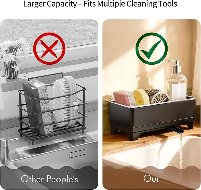 MOUKABAL Sponge Holder for Kitchen Sink, Rustproof Stainless Steel Black | Large Capacity/360° Rotating Drain Keeps Counter Dry/Holds Sponges & Soap Bottle/Easy-Clean Removable Tray - Image 4