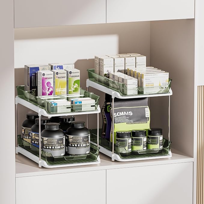 Delamu 2-Tier Multi-Purpose Bathroom Under Sink Organizers and Storage, Stackable Kitchen Pantry Organization, Pull Out Medicine Cabinet Organizer with Movable Dividers, Light Green, 4 Pack - Image 4