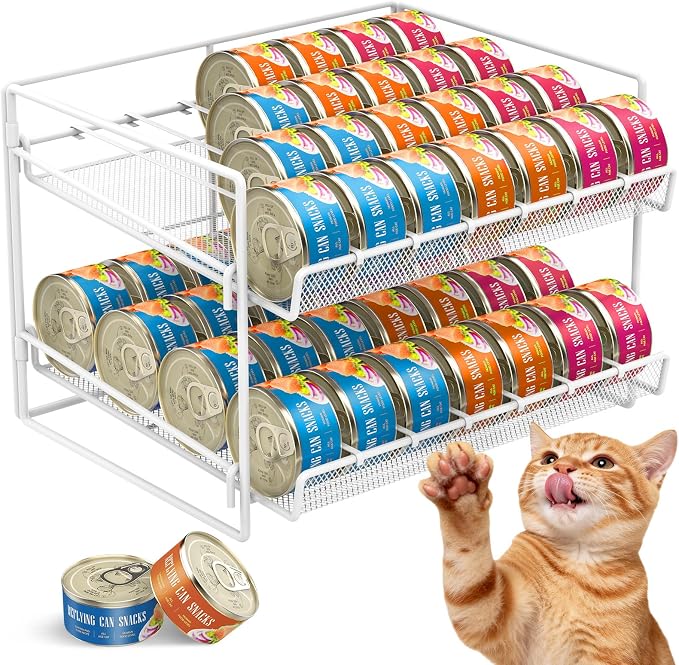 Cat Food Can Organizer 2-Tier Can Organizer for Pantry 56 Cans 3.5oz | White metal 2-tier cat food can organizer,Holds 56 cans 3.5oz,Adjustable pantry countertop storage for kitchen counter - Image 2