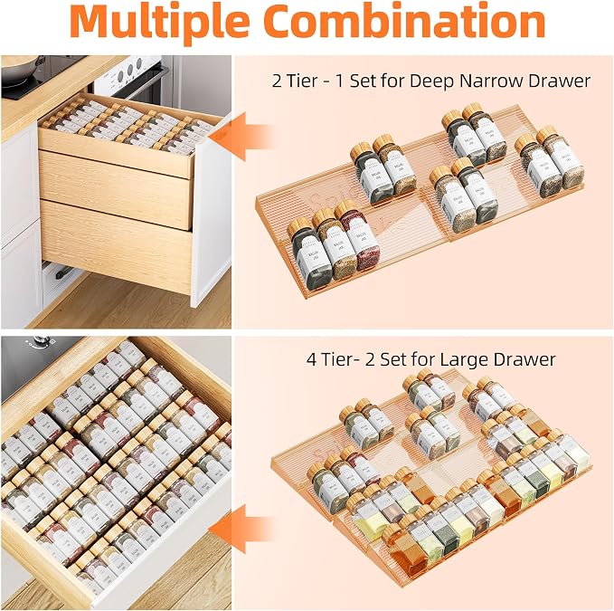 Spice Drawer Organizer, 2 Tier- 2 Pack Drawer Seasoning Organizer | Expandable From 11'' to 22'', Amber, Acrylic Kitchen Spice Rack Organizers and Storage for Drawer, (Jars not included) - Image 5