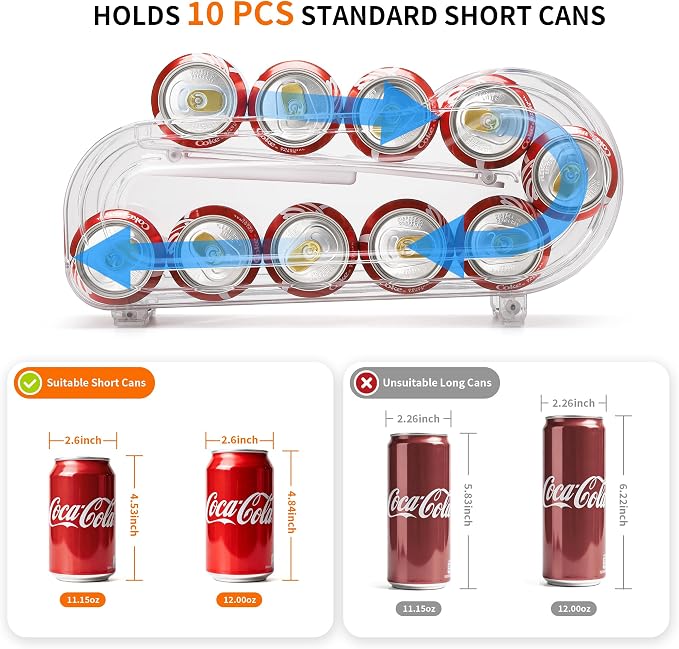 Soda Can Organizer for Refrigerator, Drink Organizer for Fridge, Automatic Rolling Can Dispenser Holder, Organize 10 Pcs Standard 11.15oz or 12oz Short Cans (4 Pack) - Image 3