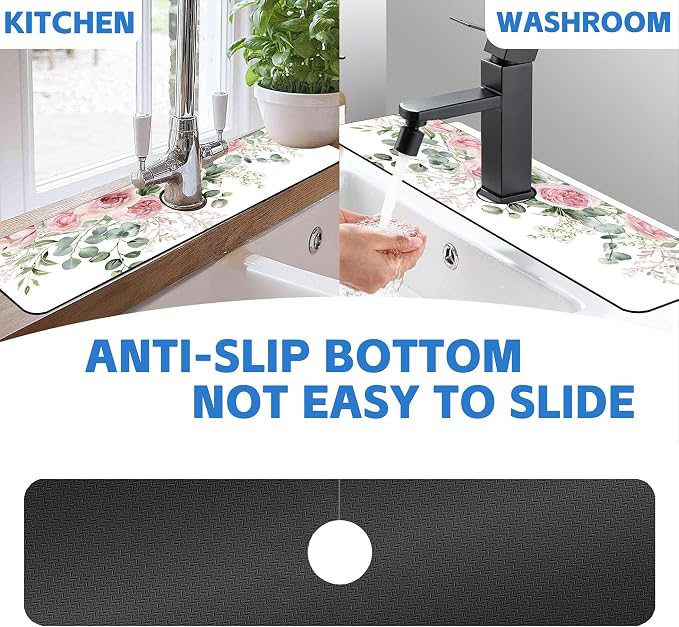 Faucet Mat for Kitchen Sink Watercolor Floral Pink Flowers Sink Splash Guard Behind Faucet Soft Diatom Mud Material Non-slip Easy to Clean for Bathroom & Kitchen 24"X5.5" - Image 7
