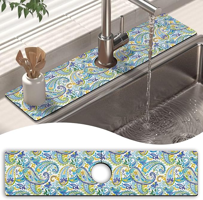 Kitchen Sink Splash Guard Faucet Mat 24" X 5.5" Paisley Absorbent Fast Drying Mat Faucet Draining Mat Sink Splash Guard Behind Faucet Drip Catcher for Kitchen Bathroom by Unknown