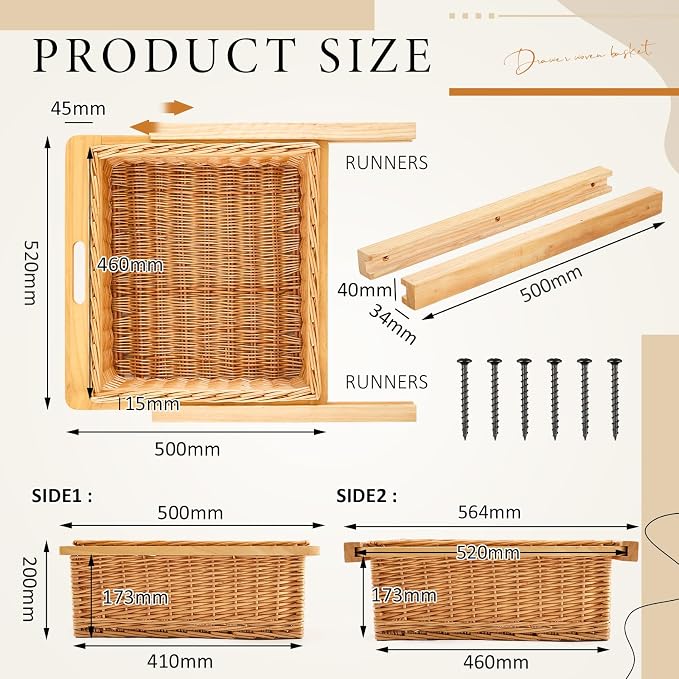 Rustic Wicker Pull out Cabinet Organizer Basket Drawers with Frame and Runners Slide 20" W x 20" l x 8" H for Kitchen Shelf Pantry Storage, Easy DIY Installation - Image 3